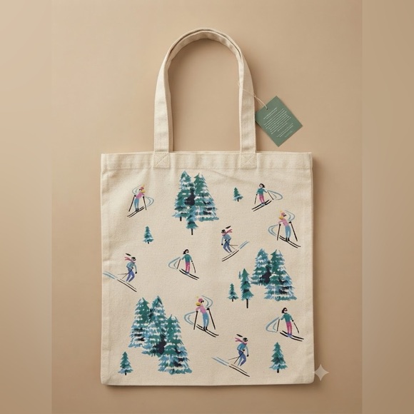 Handbags - Canvas Tote Bag with Ski & Pine Print - New